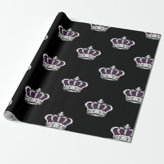 Royal Purple Crown Pattern on Bold Black Back Cadeaupapier (Uitgerold)