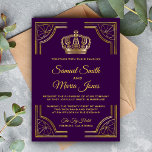 Royal Purple Gold Ornate Crown Wedding Invitation Kaart<br><div class="desc">Amaze your guests with this royal theme wedding invitation featuring an elegant gold ornate border and beautiful crown against a dark purple background. Simply add your event details on this easy-to-use template to make it a one-of-a-kind invitation. Flip the card over to reveal a beautiful pattern on the back of...</div>