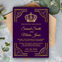 Royal Purple Gold Ornate Crown Wedding Invitation