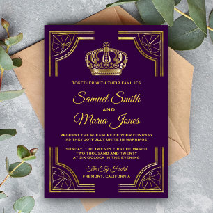 Royal Purple Gold Ornate Crown Wedding Invitation Kaart