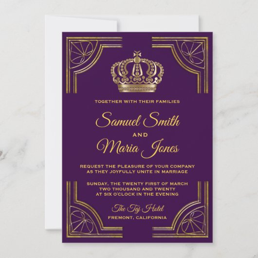 Royal Purple Gold Ornate Crown Wedding Invitation Kaart (Voorkant)