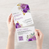 Royal Purple Roses Floral QR Code Wedding All In One Uitnodiging (Afscheurbaar)