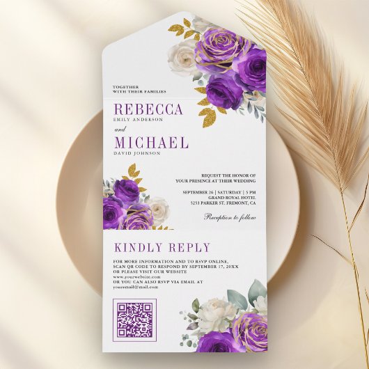 Royal Purple Roses Floral QR Code Wedding All In One Uitnodiging