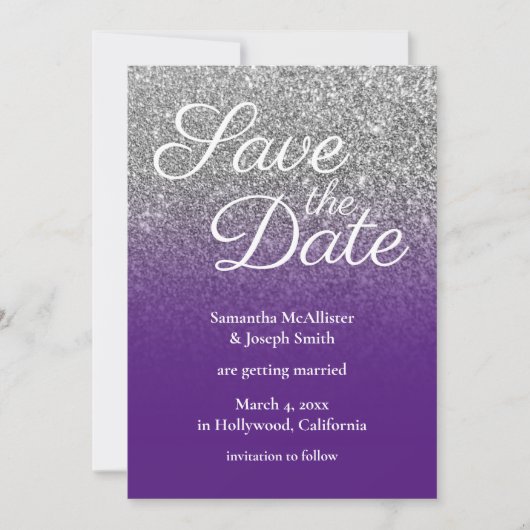 Royal Purple Silver Ombre Glitter Save the Date Kaart (Voorkant)