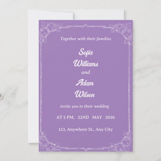 ​Royal Purple & White Filigree Wedding Invitation Kaart (Voorkant)