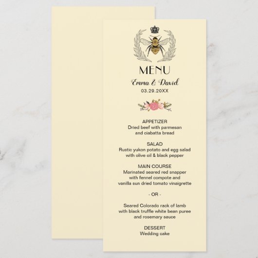 Royal Queen Bee Laurel Wreath Floral Wedding Menu (Voorkant / Achterkant)