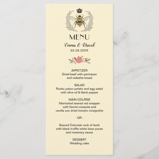 Royal Queen Bee Laurel Wreath Floral Wedding Menu (Voorkant)