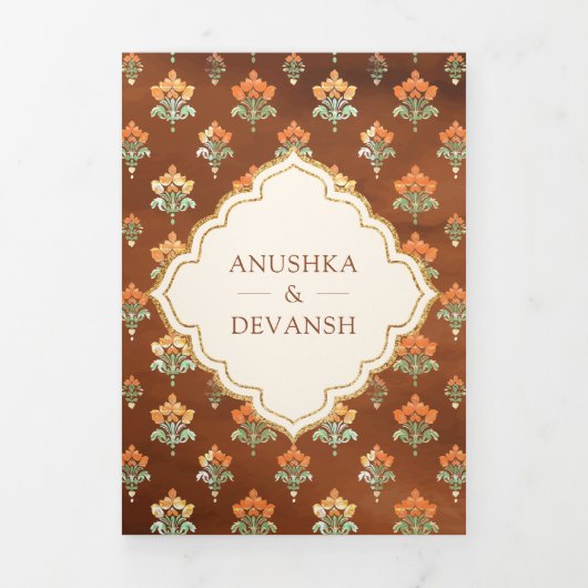  Royal Queen Gold Chariot Indiase bruiloft Drieluik Uitnodiging (Cover)