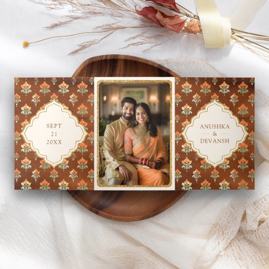 Royal Queen Gold Chariot Indiase bruiloft Drieluik Uitnodiging