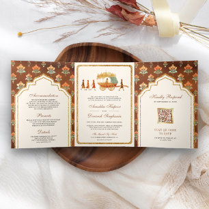  Royal Queen Gold Chariot Indiase bruiloft Drieluik Uitnodiging