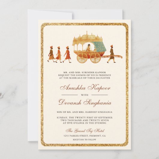  Royal Queen Gold Chariot Indiase bruiloft Kaart (Voorkant)