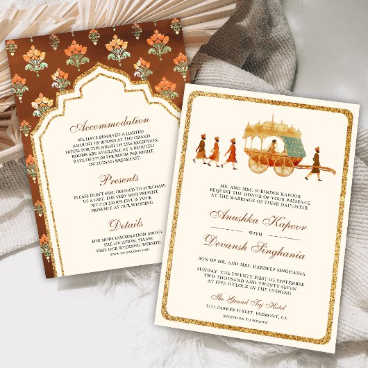 Royal Queen Gold Chariot Indiase bruiloft Kaart