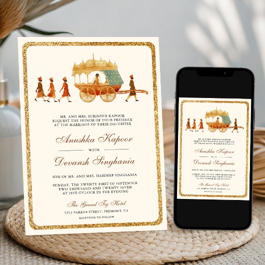  Royal Queen Gold Chariot Indiase bruiloft Kaart