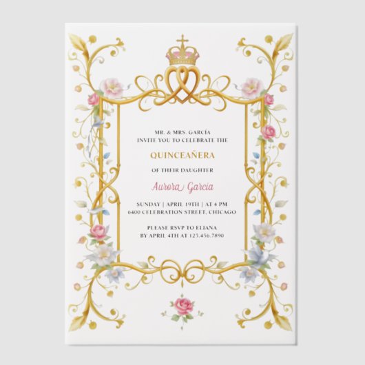 Royal Quinceañera Floral Goud Verjaardagsfeest Vellum Uitnodigingen (Voorkant)