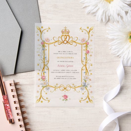 Royal Quinceañera Floral Goud Verjaardagsfeest Vellum Uitnodigingen (Huwelijk)