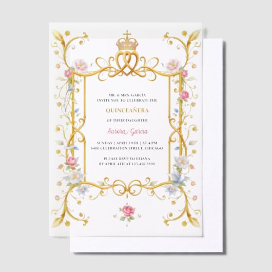 Royal Quinceañera Floral Goud Verjaardagsfeest Vellum Uitnodigingen (Offset)