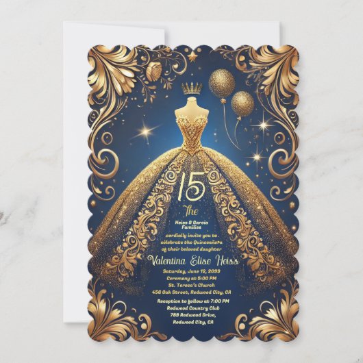Royal Quinceañera Gold en Navy Princess Thema Kaart (Voorkant)