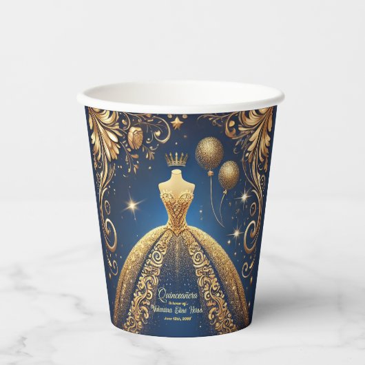 Royal Quinceañera Gold en Navy Princess Thema Papieren Bekers (Voorkant)