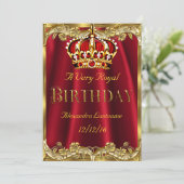 Royal Red Birthday party Gold Crown Uitnodiging (Staand voorkant)