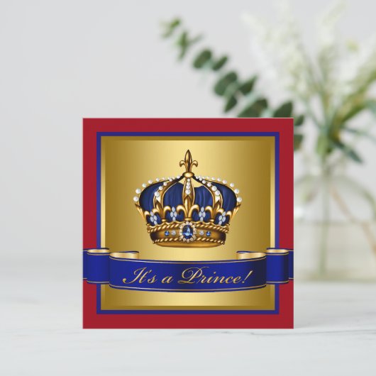 Royal Red Blue en Gold Crown Prince Baby shower Kaart (Staand voorkant)