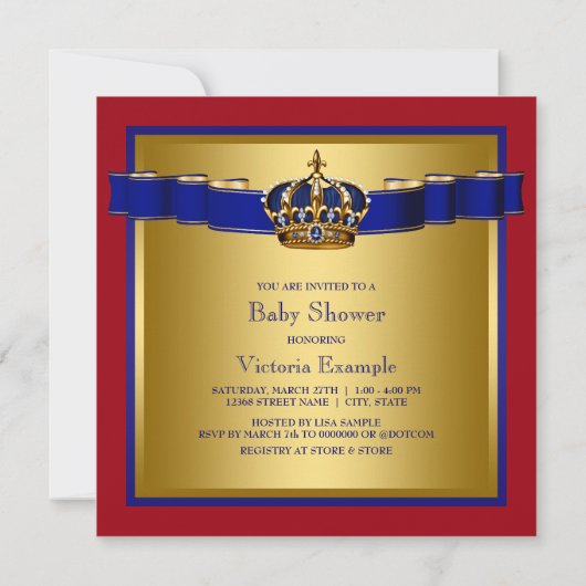 Royal Red Blue en Gold Crown Prince Baby shower Kaart (Achterkant)