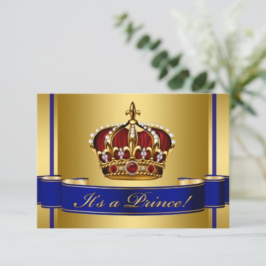 Royal Red Blue en Gold Crown Prince Baby shower Kaart (Staand voorkant)