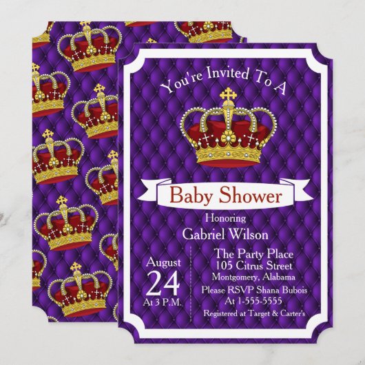 Royal Red Crown & Paarse Regal Baby shower Kaart (Voorkant / Achterkant)