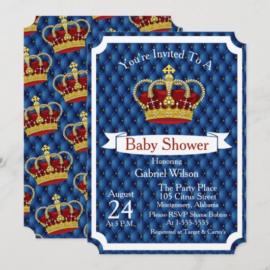 Royal Red Crown & Royal Blue Regal Baby Boy Shower Kaart (Voorkant / Achterkant)