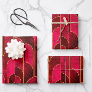 Royal Red en Gold Art Deco Patroon Inpakpapier Vel