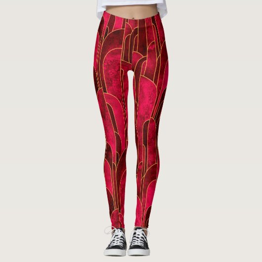 Royal Red en Gold Art Deco Patroon Leggings (Voorkant)