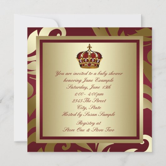 Royal Red en Gold Prince Baby Shower Kaart (Achterkant)