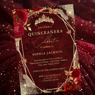 Royal Red Floral Roos Gold Tiara Quinceanera Folie Uitnodiging