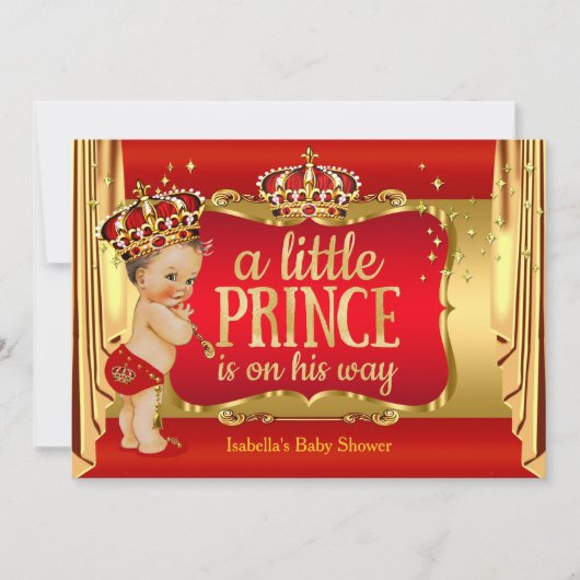 Royal Red Gold Boy Prince Baby shower Brunette Kaart (Voorkant)