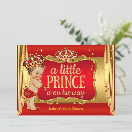 Royal Red Gold Boy Prince Baby shower Brunette Kaart (Staand voorkant)