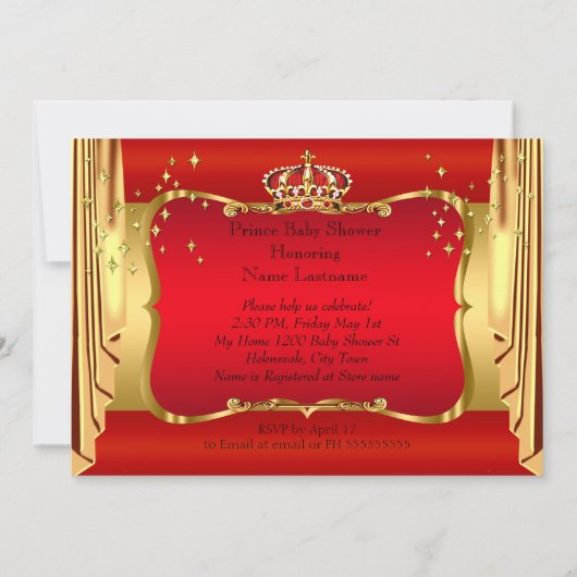 Royal Red Gold Boy Prince Baby shower Brunette Kaart (Achterkant)