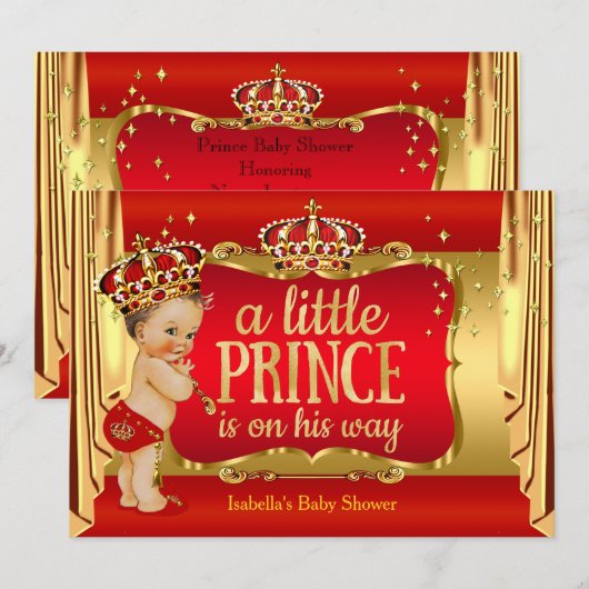 Royal Red Gold Boy Prince Baby shower Brunette Kaart (Voorkant / Achterkant)