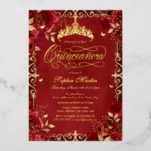 Royal Red Gold Butterfly Roos Quinceanera Folie Uitnodiging