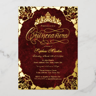 Royal Red Gold Elegant Roos Script Quinceanera Folie Uitnodiging