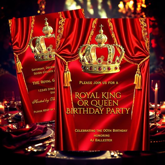 Royal Red Gold King Queen Crown Birthday Party 2 Kaart