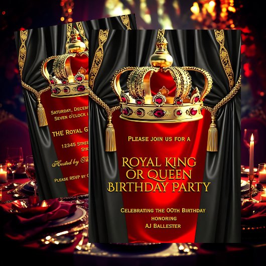 Royal Red Gold King Queen Crown Birthday Party Kaart