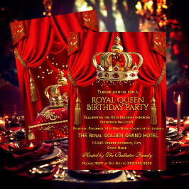 Royal Red Gold Queen Crown Birthday Party Kaart