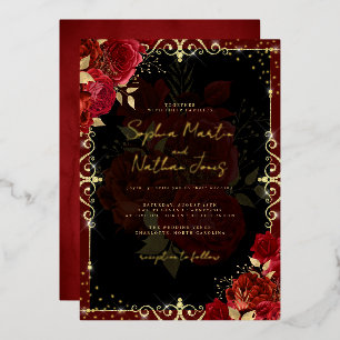 Royal Red Gold Roos bruiloft Folie Uitnodiging