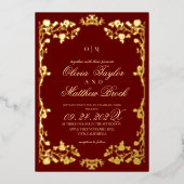 Royal Red Gold Roos Flowers De bruiloft van Folie Uitnodiging (Voorkant)