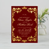 Royal Red Gold Roos Flowers De bruiloft van Folie Uitnodiging (Staand Voorkant)