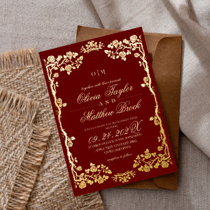 Royal Red Gold Roos Flowers De bruiloft van Folie Uitnodiging