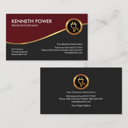 Royal Red Gold Wave Electrical Contractor Visitekaartje (Voorkant / Achterkant)