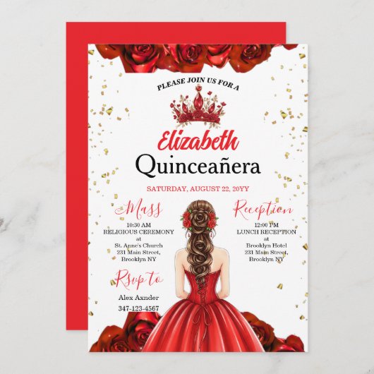 Royal Red Rose Butterfly Quinceañera Invite Kaart (Voorkant / Achterkant)