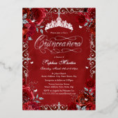 Royal Red Silver Butterfly Roos Quinceanera Folie Uitnodiging (Voorkant)