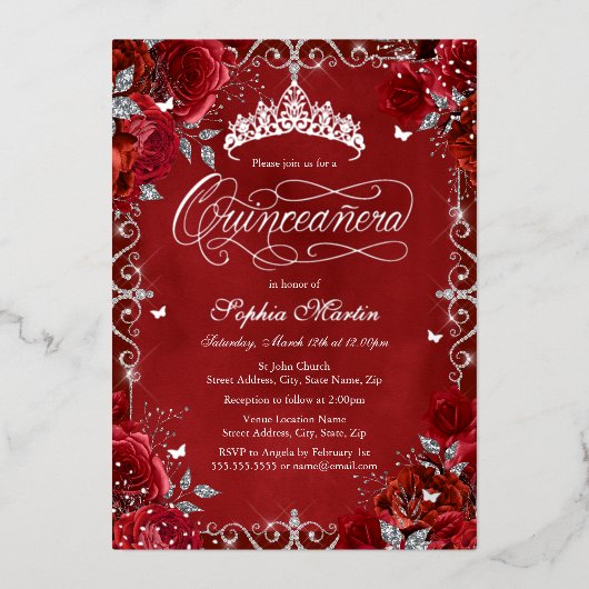 Royal Red Silver Butterfly Roos Quinceanera Folie Uitnodiging (Voorkant)