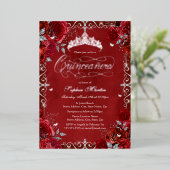 Royal Red Silver Butterfly Roos Quinceanera Folie Uitnodiging (Staand Voorkant)